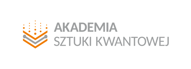 Logo z pomarańczowymi i szarymi liniami i kropkami oraz tekstem Akademia Sztuki Kwantowej